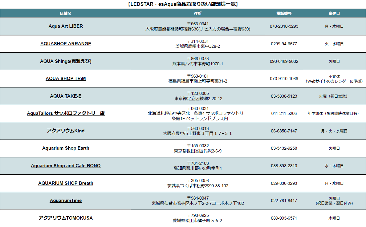 LEDSTAR・esAquaお取り扱い店舗様一覧