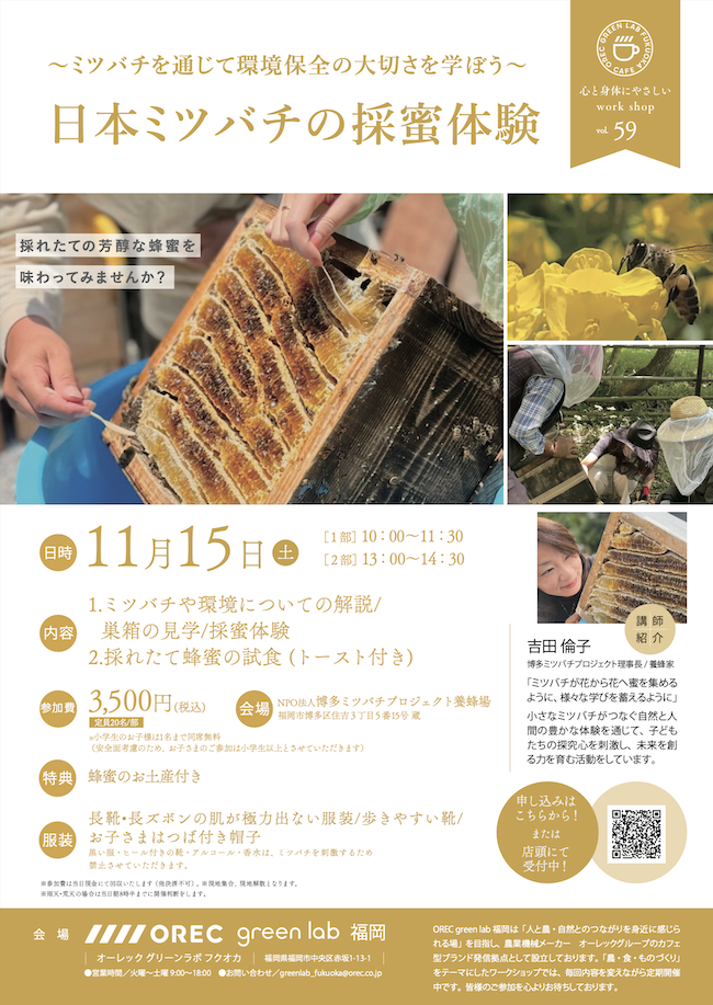 OREC主催　日本ミツバチの博多ハニー 採蜜体験のお知らせ❣️