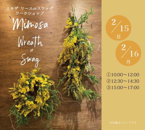 今年も開催！2/15(日)、16(月)ミモザリース＆スワッグワークショップのお知らせ！！