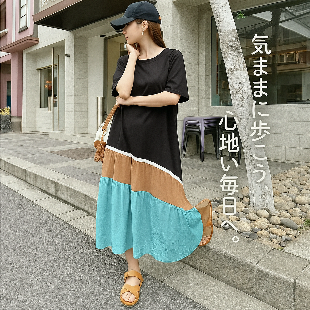 切り替えロングTシャツワンピース