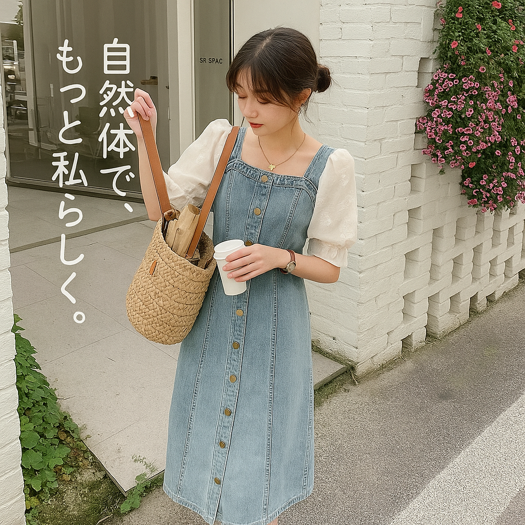 パフスリーブ切り替えデニムワンピース