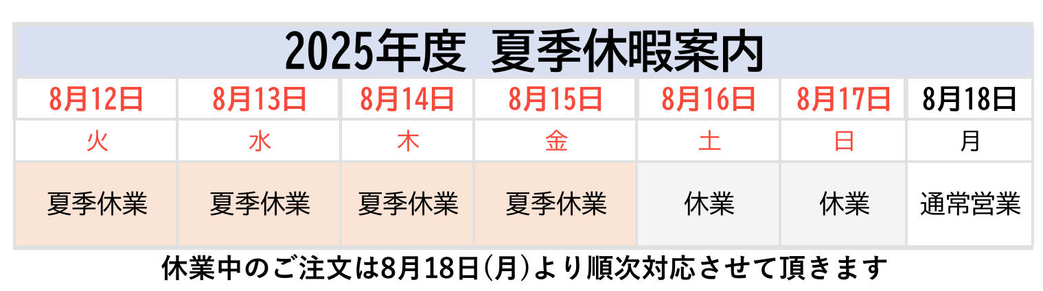 【運営】2025年夏季休暇 及び 棚卸に伴う、弊社在庫品の出荷停止のご案内
