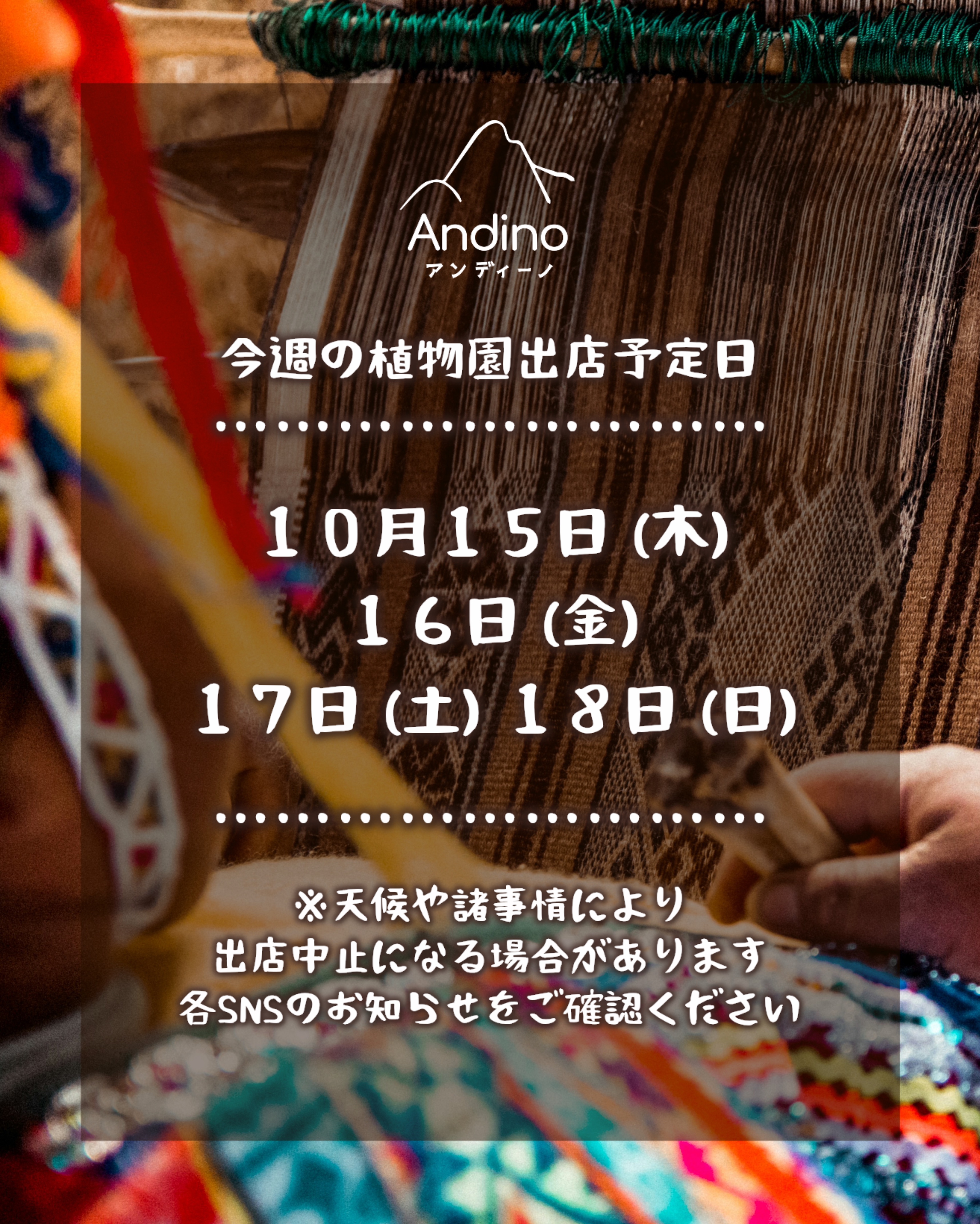 【📢今週の出店予定日のお知らせ🇵🇪10月15日(木)〜】