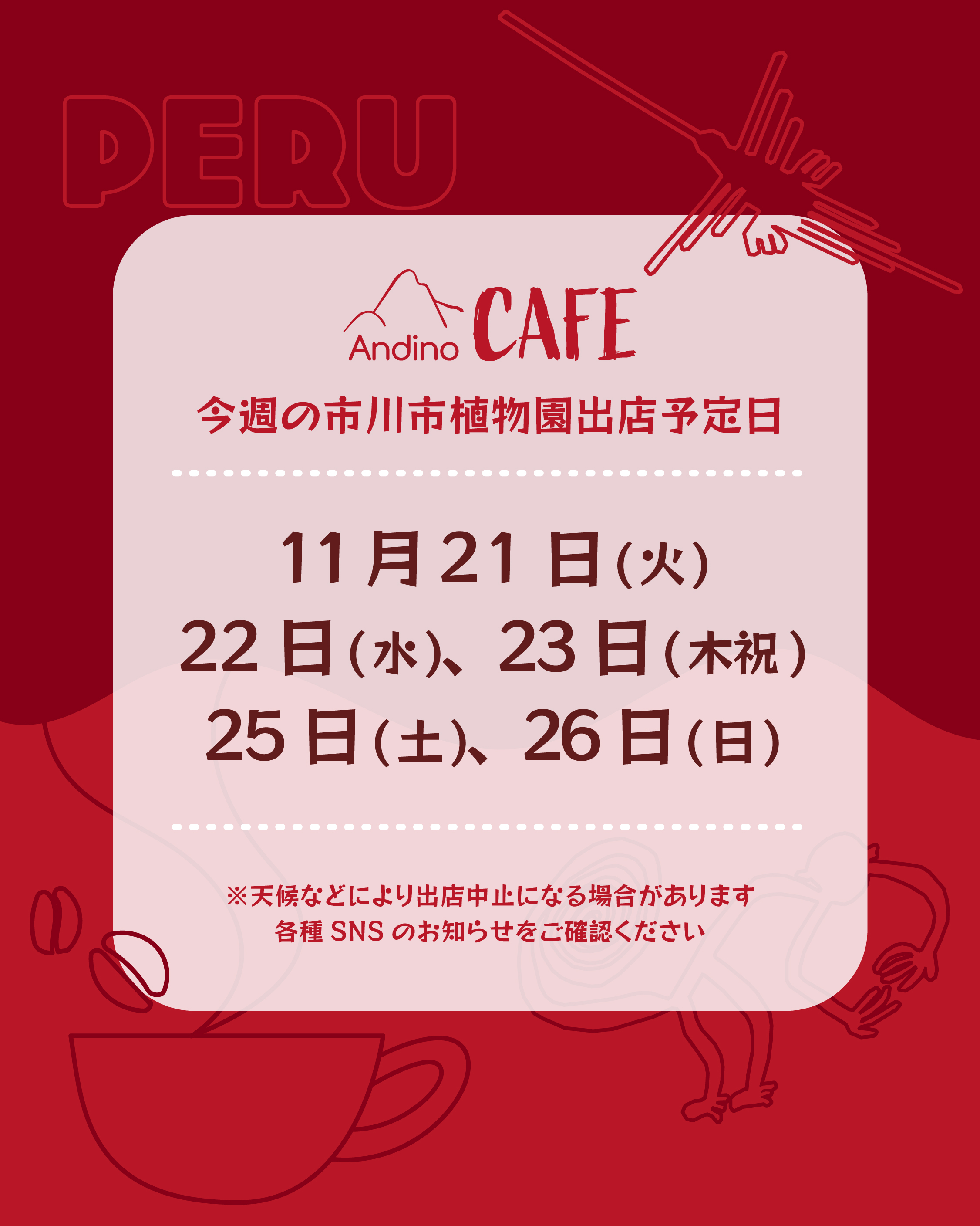 【📢今週の出店予定日のお知らせ🇵🇪11月21日、22日、23日、25日、26日】