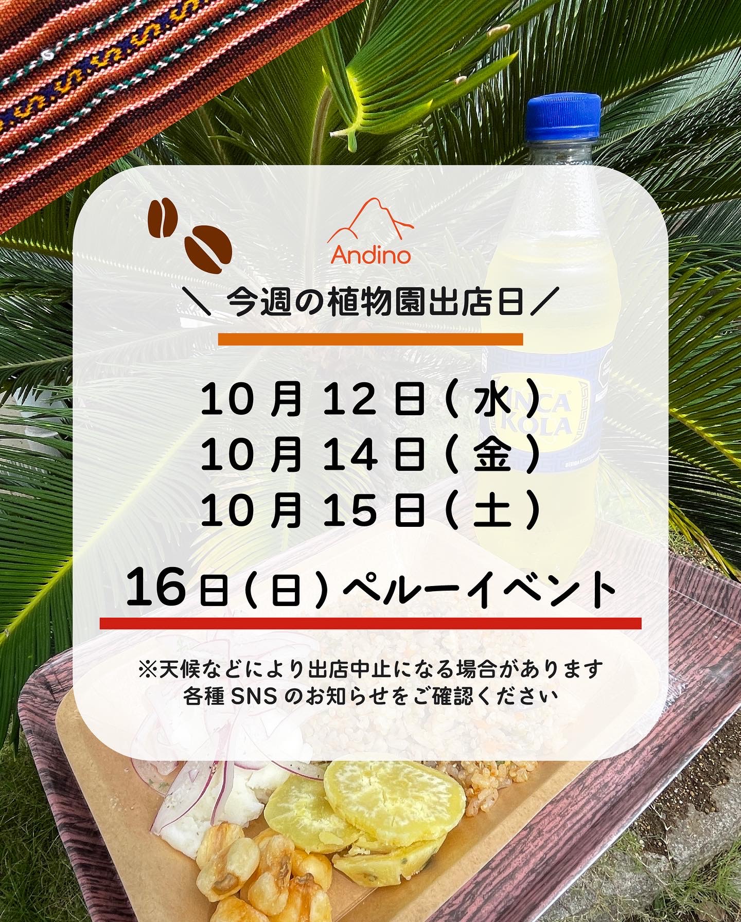 【📢今週の出店予定日のお知らせ 10月12日(水)〜16日(日)】