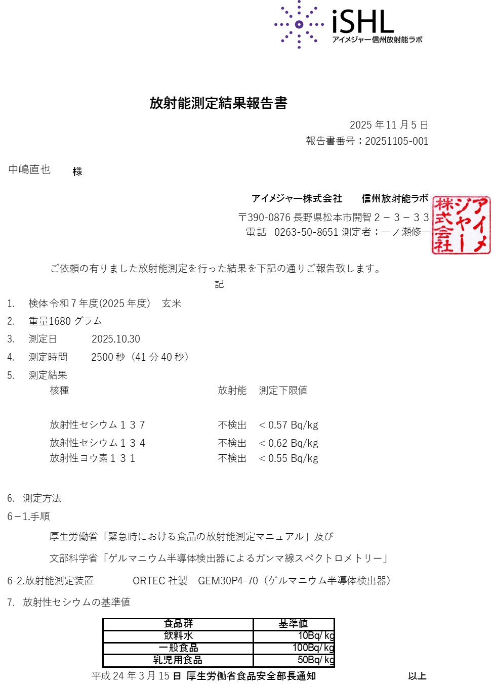 2025年度産の放射線量検査の結果について