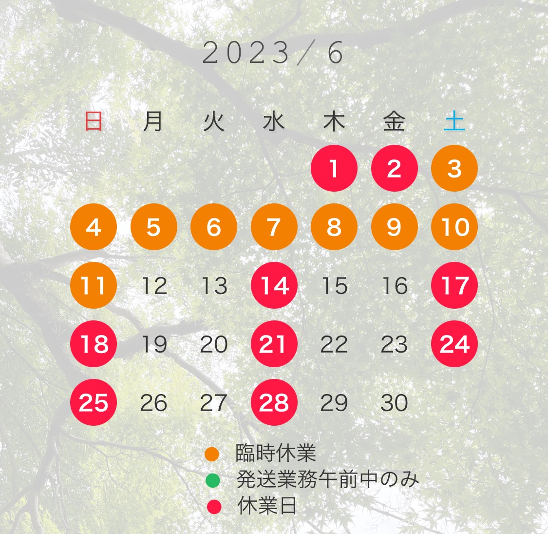 6月の営業カレンダー【臨時休業あり】