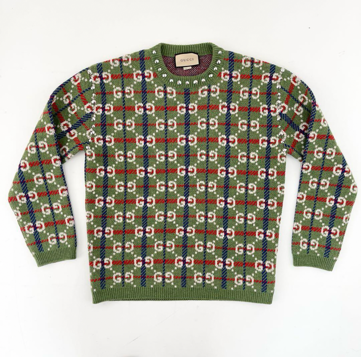 GUCCIのGG総柄チェックスタッズ付きウールニットが格安にて入荷致しました♪