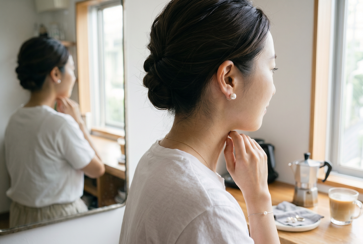 涼しげな横顔を作る、イヤーカフとピアスの重ね付け