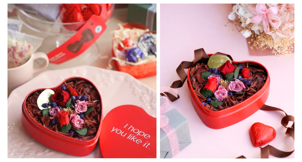 チョコレート缶をイメージしたプリザーブドアレンジメント🍫