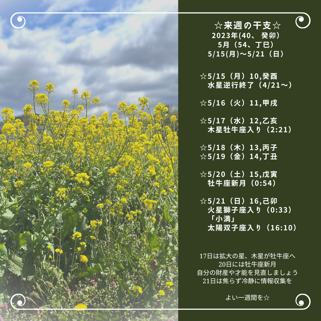 ☆来週の干支☆  2023年（癸卯）  5月（54、丁巳）  5/15（月）〜5/21（日）