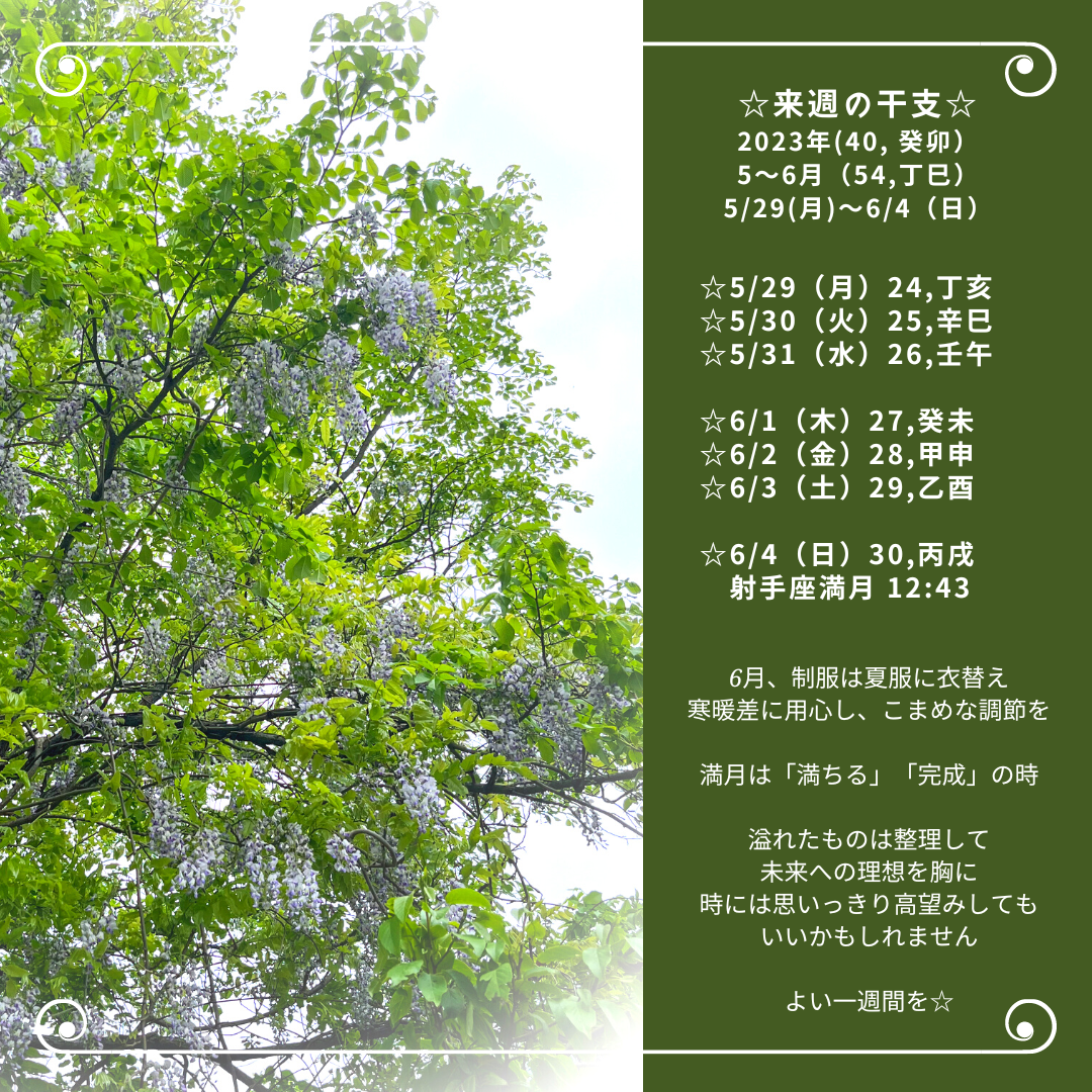 5/31訂正☆来週の干支☆ 2023年（癸卯） 5〜6月（54、丁巳） 5/29（月）〜6/4（日）