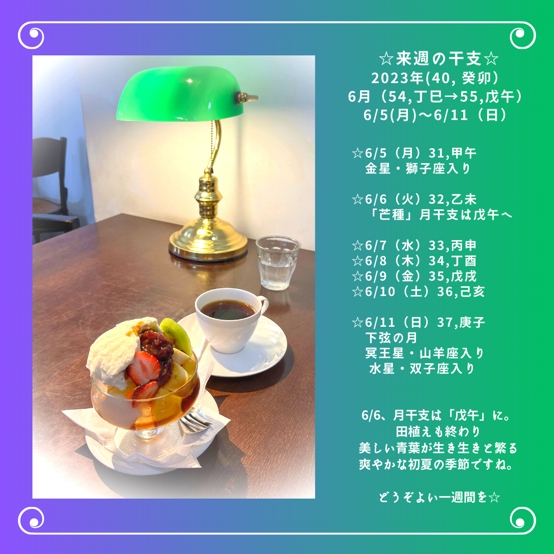 ☆来週の干支☆ 2023年（癸卯） 6月（54、丁巳→55、戊午） 6/5（月）〜6/11（日）