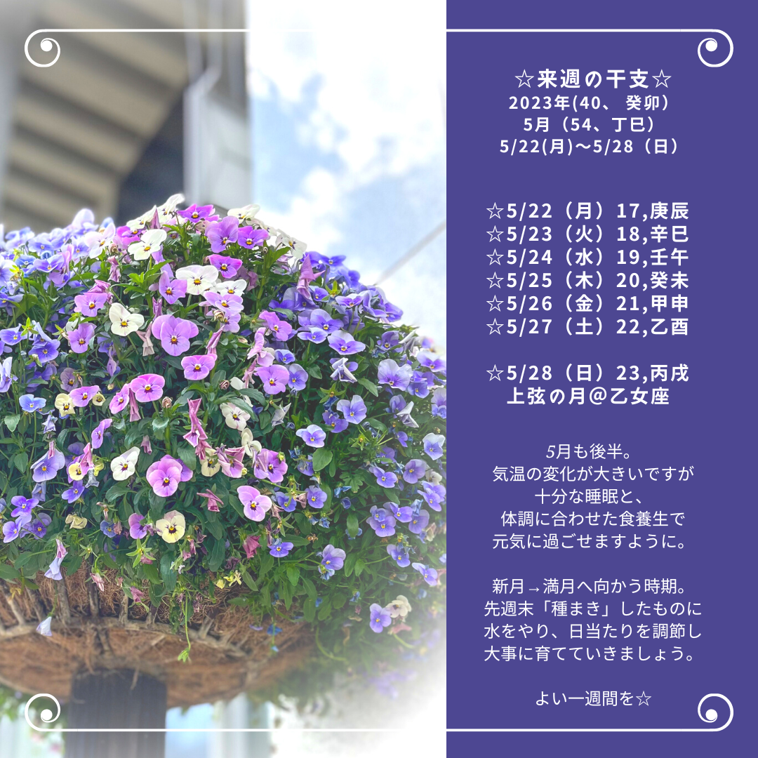 ☆来週の干支☆  2023年（癸卯）  5月（54、丁巳）  5/22（月）〜5/28（日）