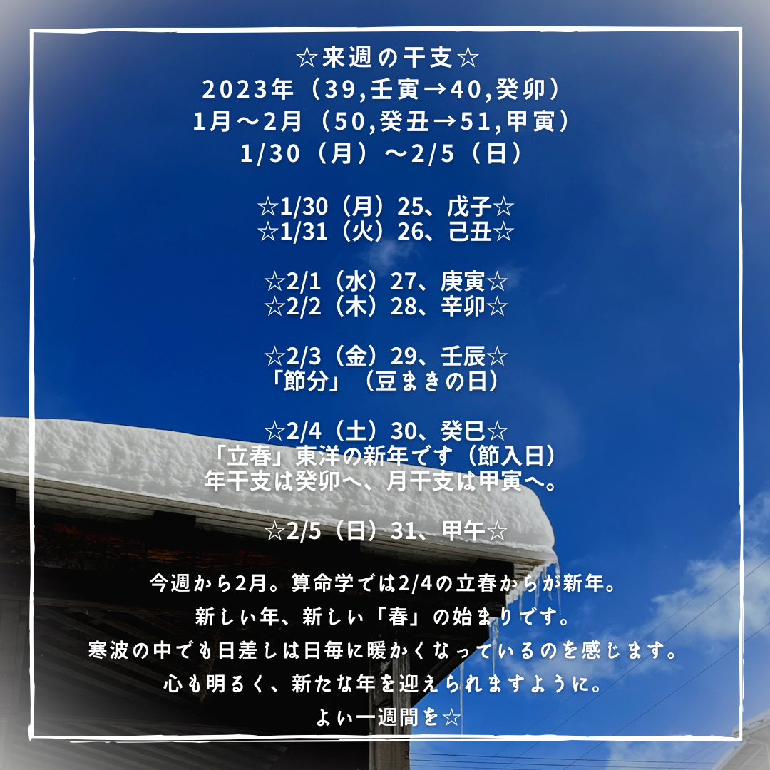 ☆来週の干支☆ 2023年（壬寅→癸卯） 1→2月（癸丑→甲寅） 1/30（月）〜2/5（日）