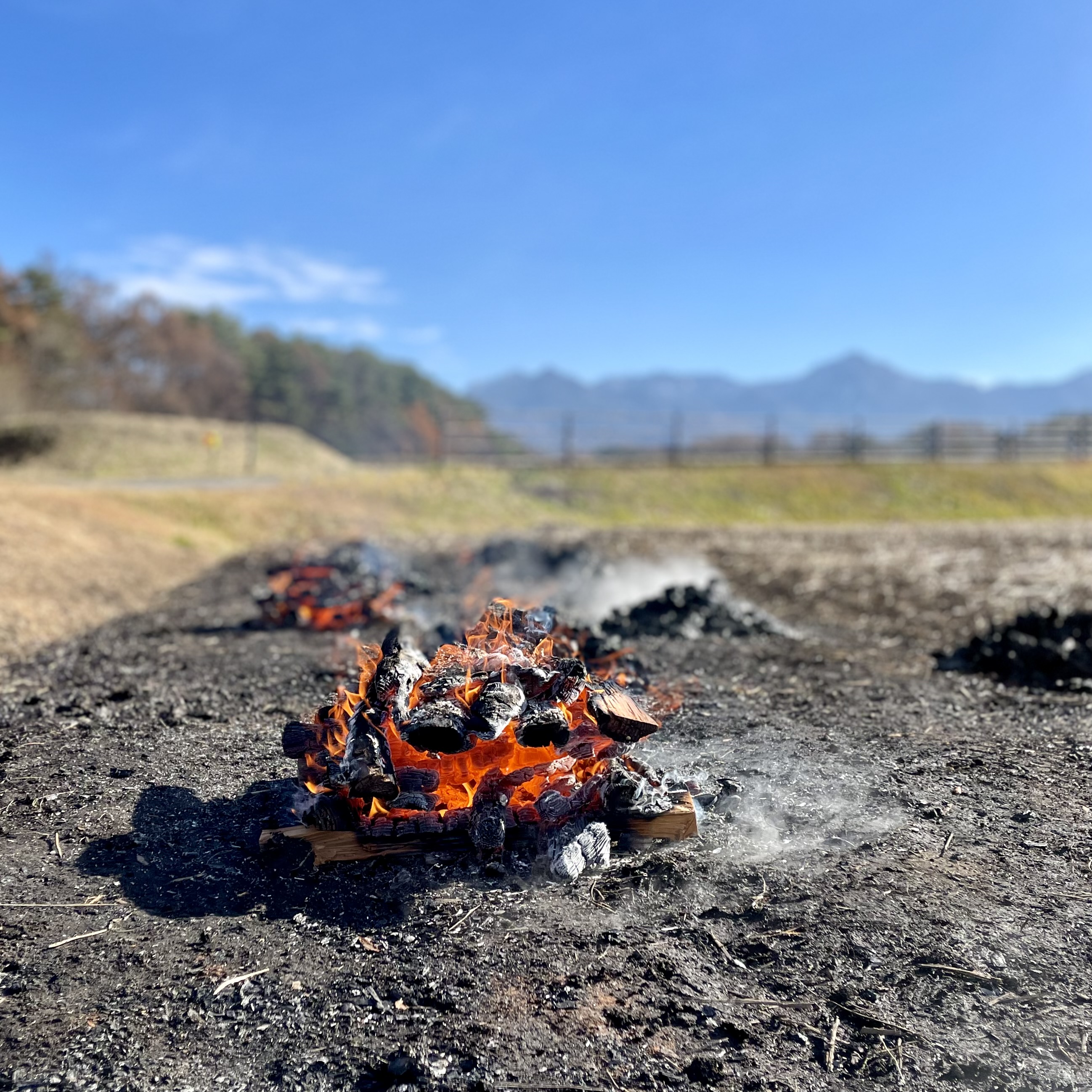 畑で炭焼きをしている農家さん