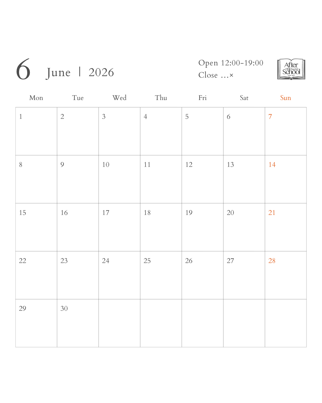 After School Store – June Schedule