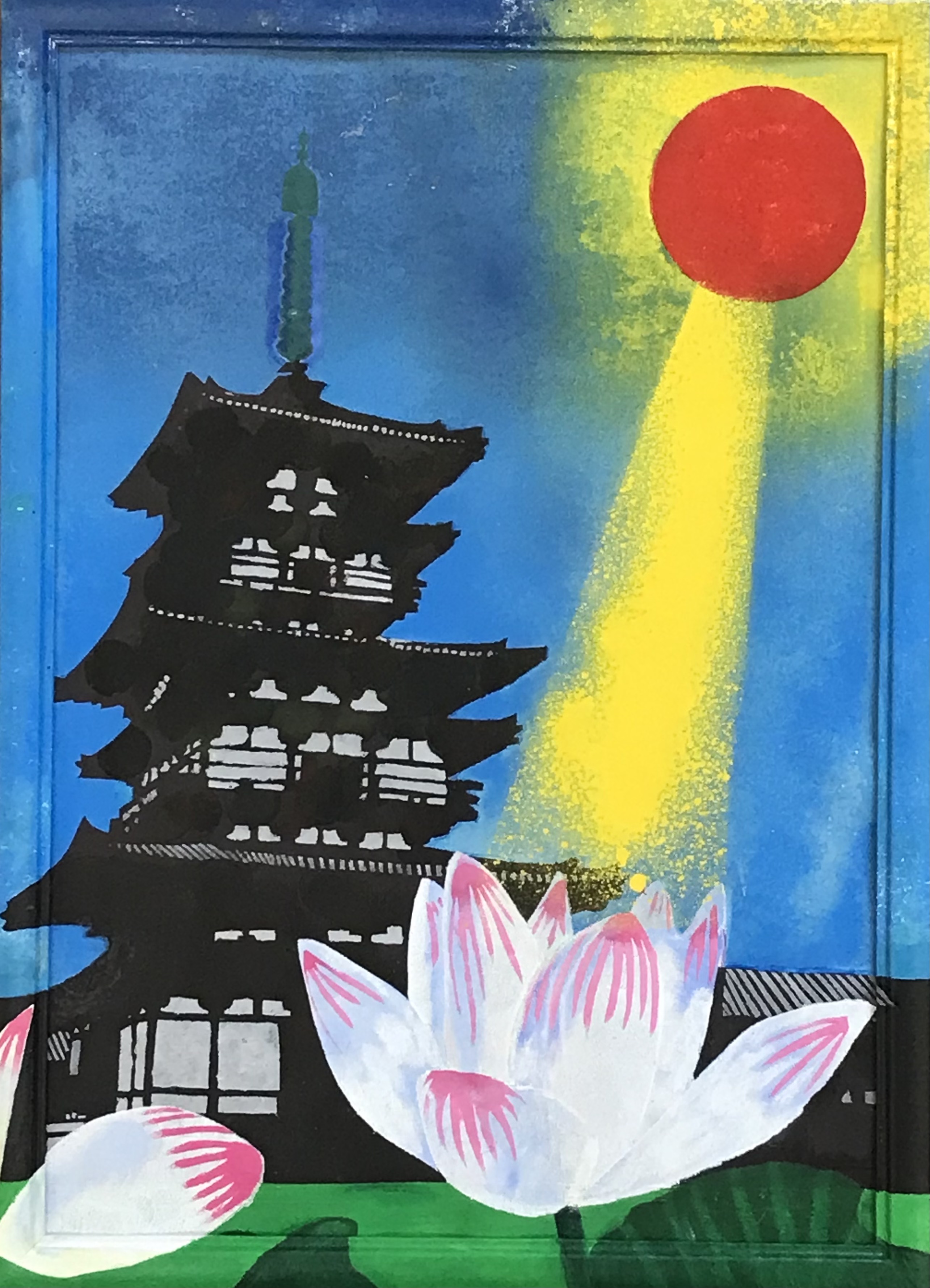 奈良の風景シリーズ8月　菰池絹枝・URA・Current 作「薬師寺東塔と蓮」