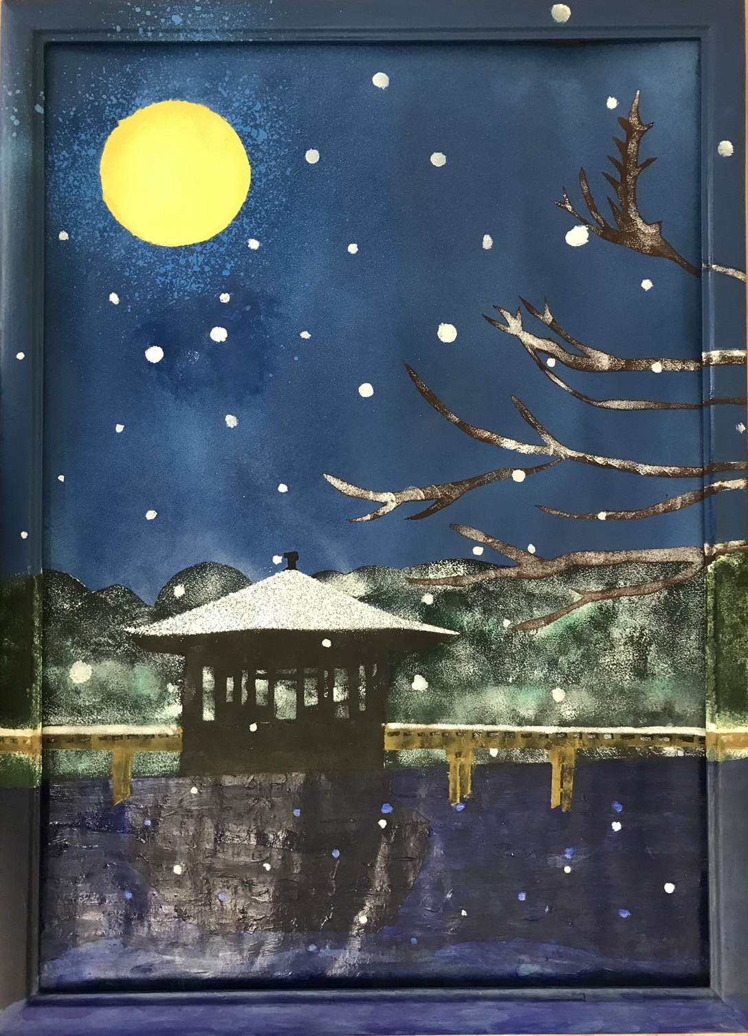 奈良の風景シリーズ12月 菰池絹枝・Rock Wave・Jun・Current 作『雪夜の浮見堂』