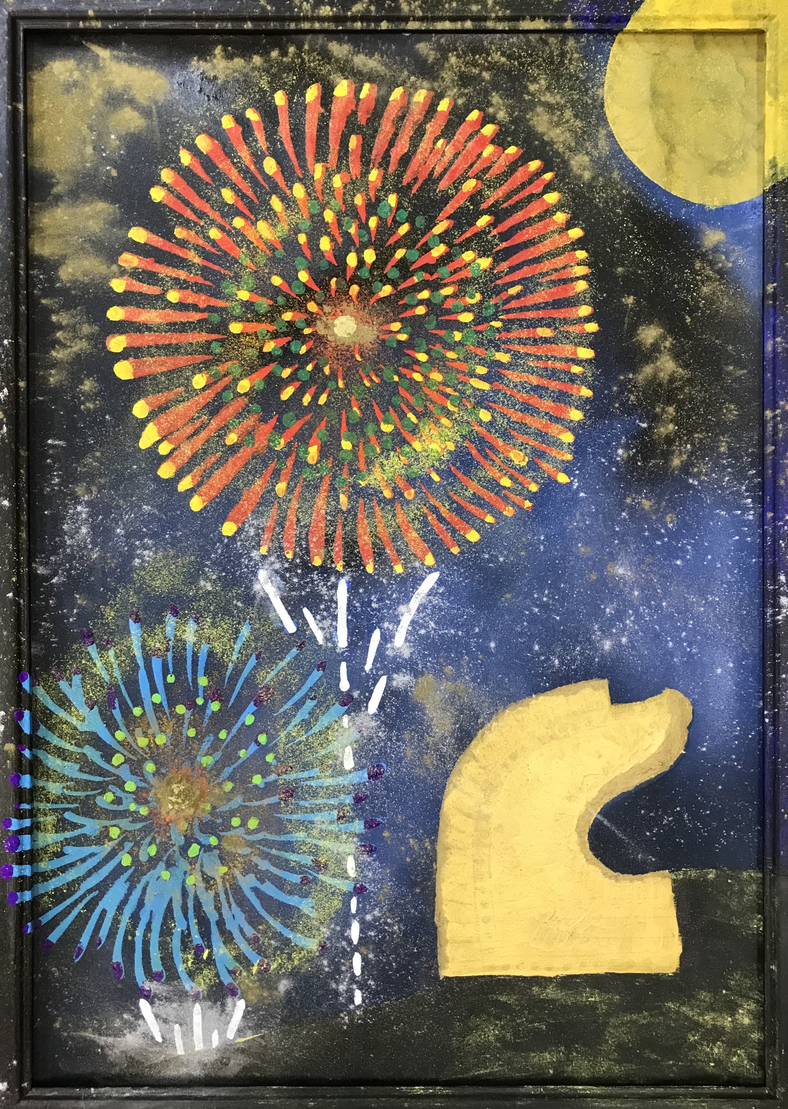 奈良の風景シリーズ7月 菰池 絹枝 作「月と花火と大仏殿」