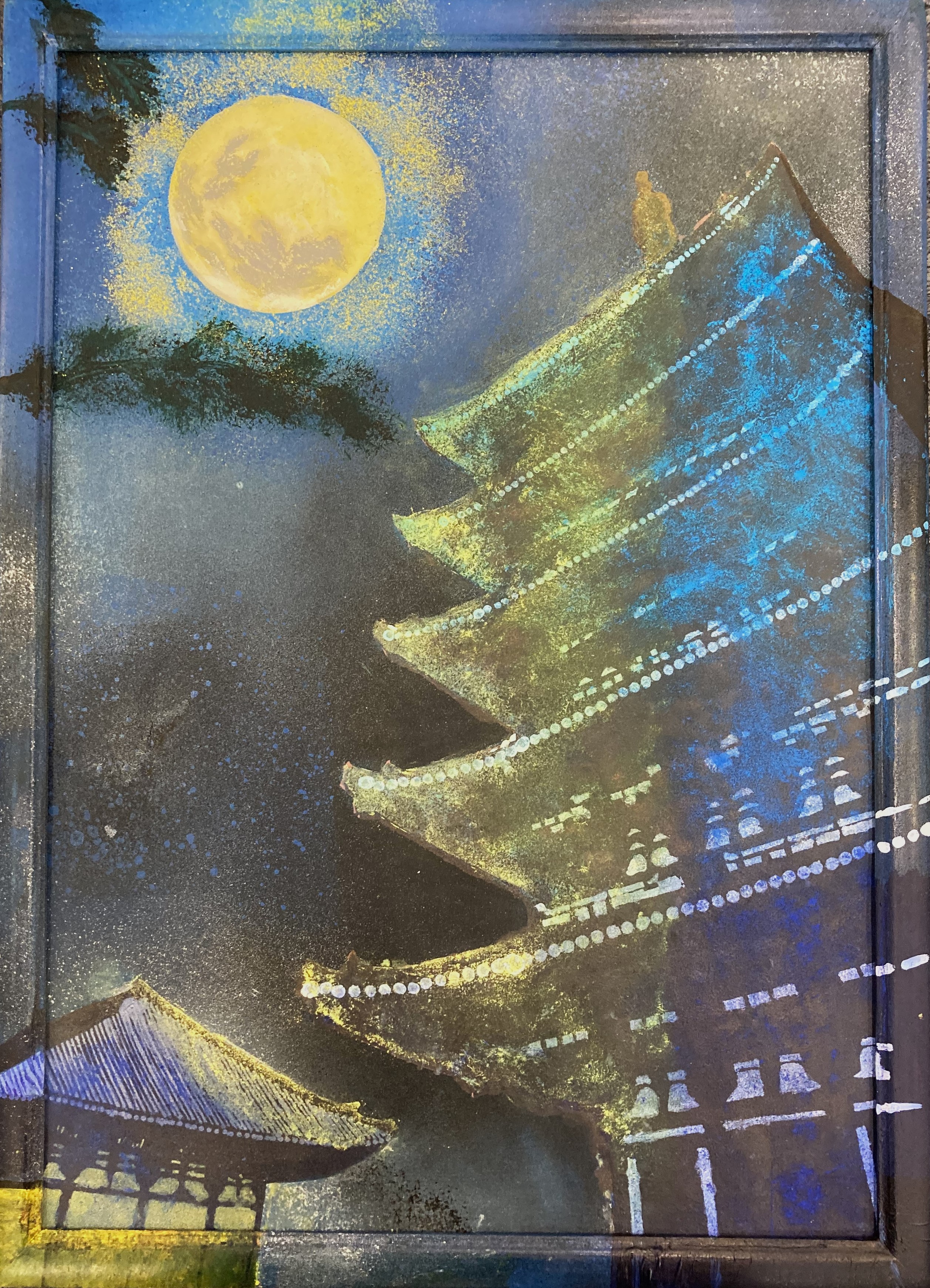 奈良の風景シリーズ9月 菰池絹枝・トビヲ・Current 作 『興福寺五重塔を照らす中秋の名月』