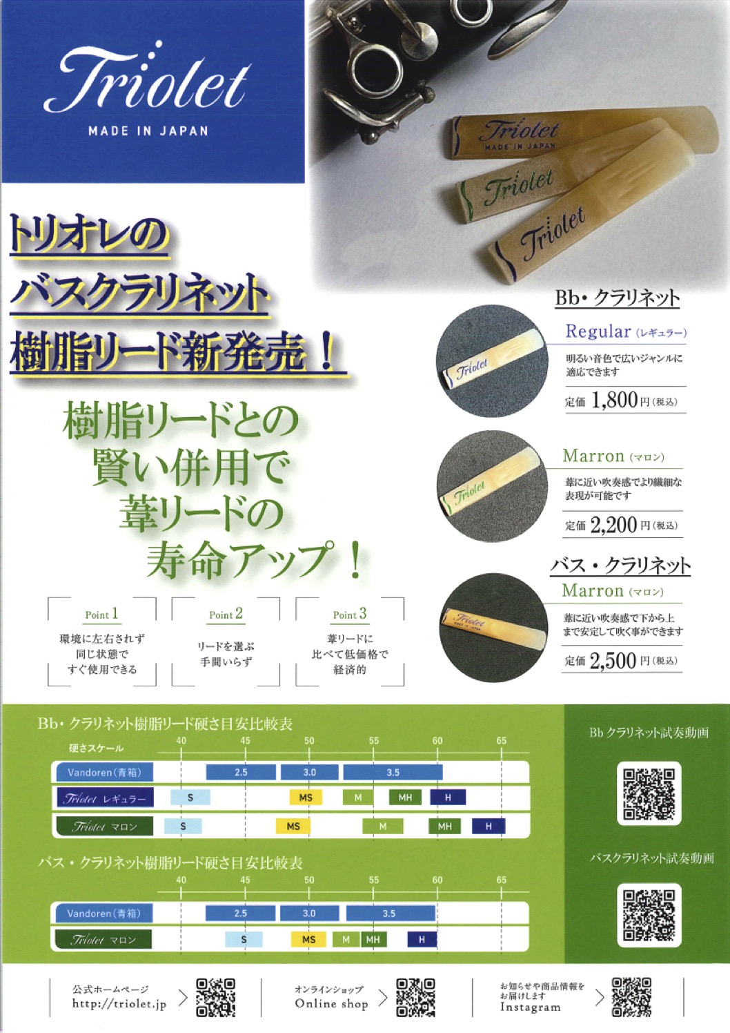 Triolet(トリオレ)バスクラリネット樹脂リード新発売!