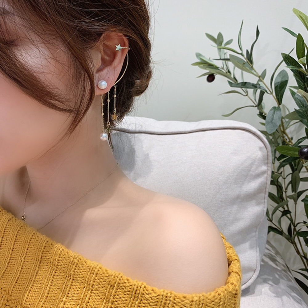 輝く大粒パールが揺れ動くアシンメトリーイヤーカフ♪