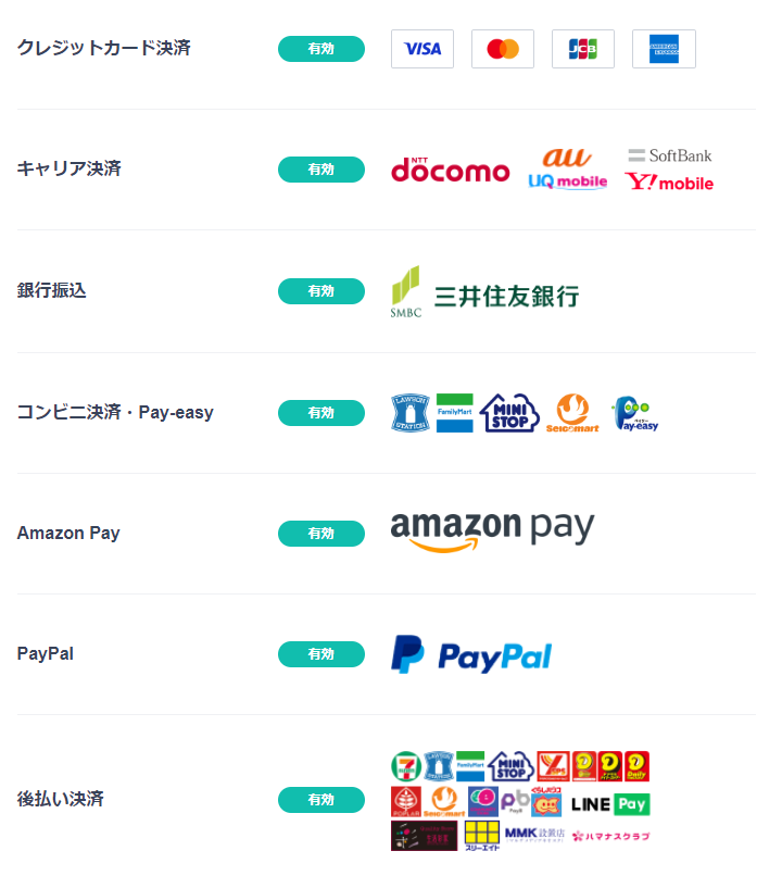 すべての決済方法を利用可能になりました