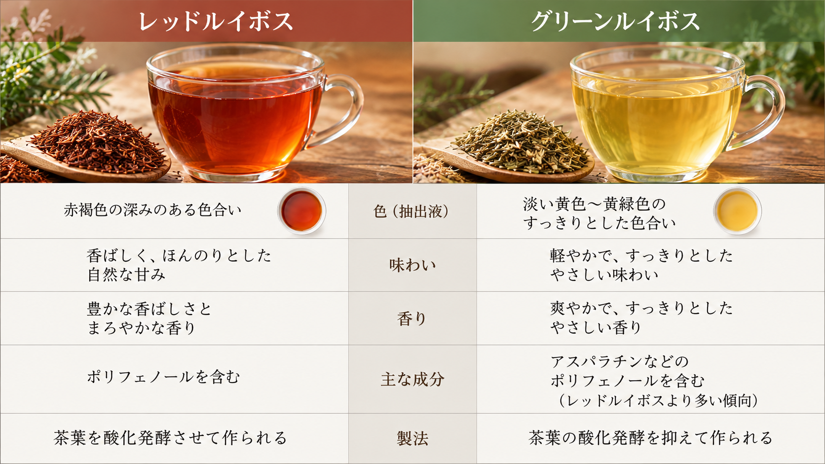 グリーンルイボスとレッドルイボスの違いとは？味・製法・成分を比較