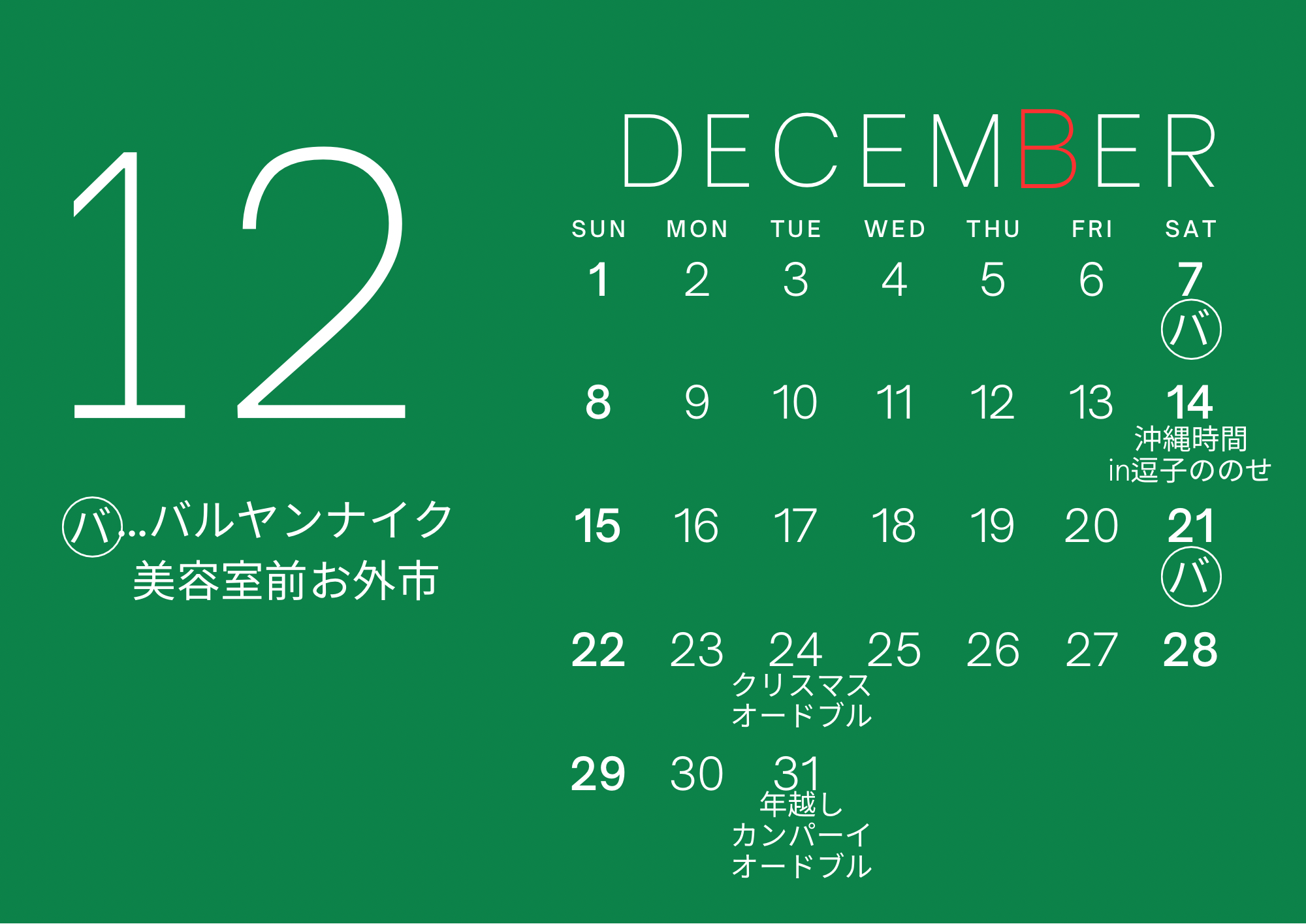 バルヤンナイク12月のカレンダーです。