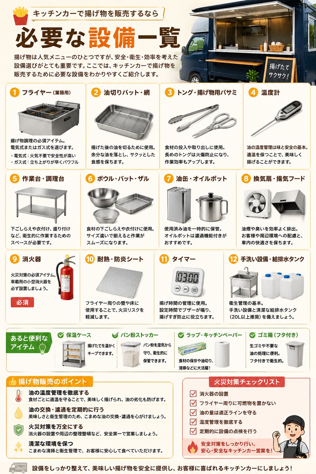 キッチンカーで揚げ物を販売するなら必要な設備とは？