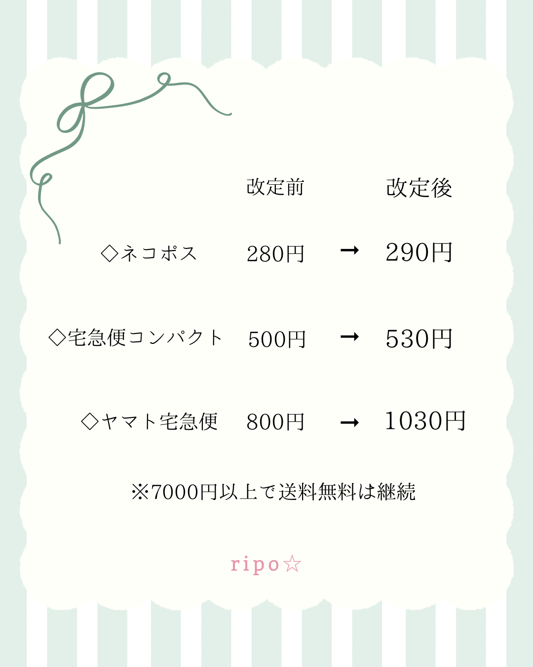 送料改定のお知らせ