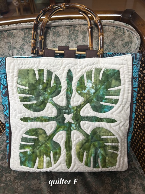 (60)お客様の作品　quilter F様 　モンステラスクエアバッグ　ハワイアンキルト