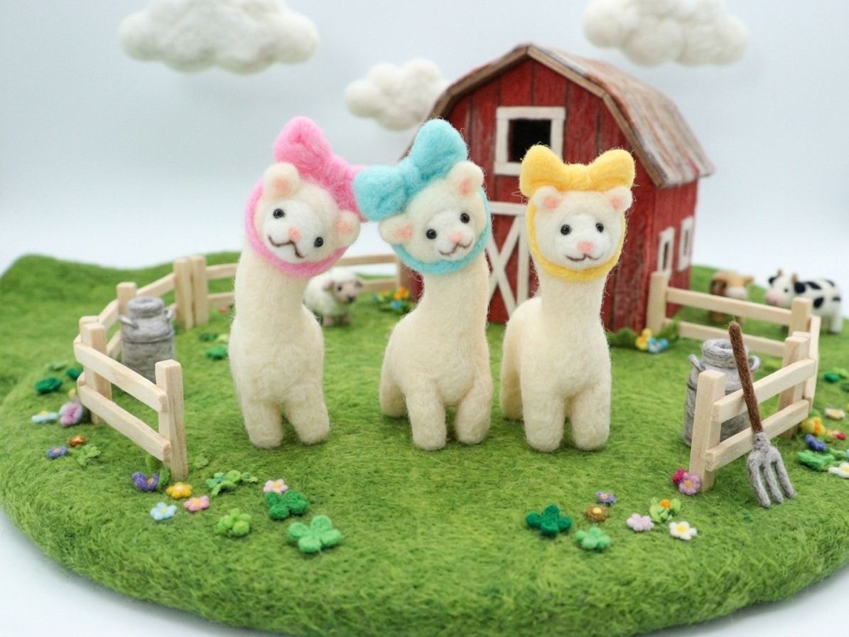 ほっこり癒やし系♪カラフルなリボンをつけた羊毛フェルトのアルパカさんたち