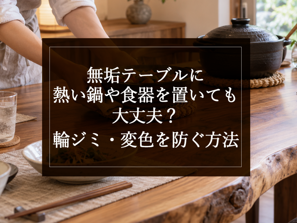 [銘木日記更新] 無垢テーブルに熱い鍋や食器を置いても大丈夫？輪ジミ・変色を防ぐ方法