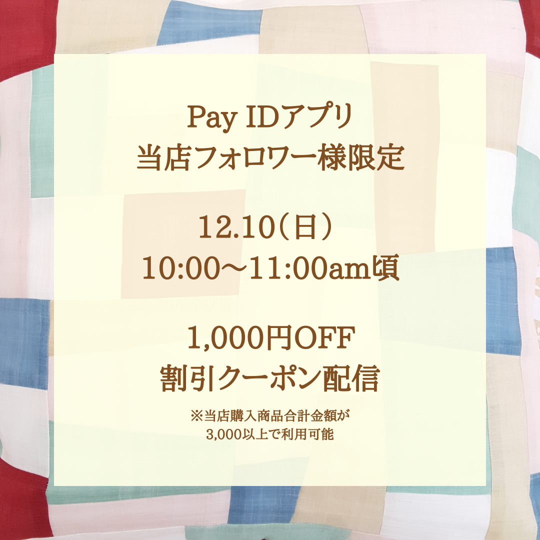 割引クーポン配信のお知らせ～Pay IDアプリの当店フォロワー様限定～(12/10 午前10時頃)