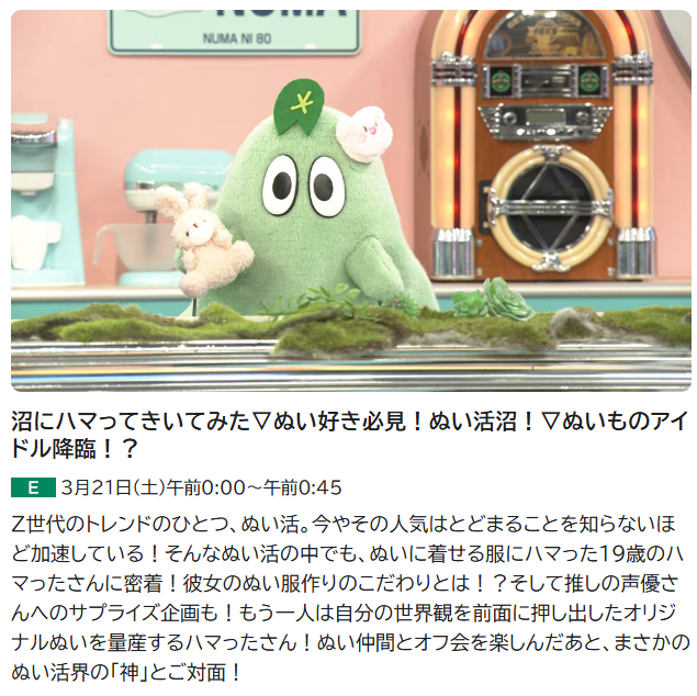 NHKEテレ「沼にハマってきいてみた」ぬい活沼！再放送決定 (ﾉ^∇^)ﾉ