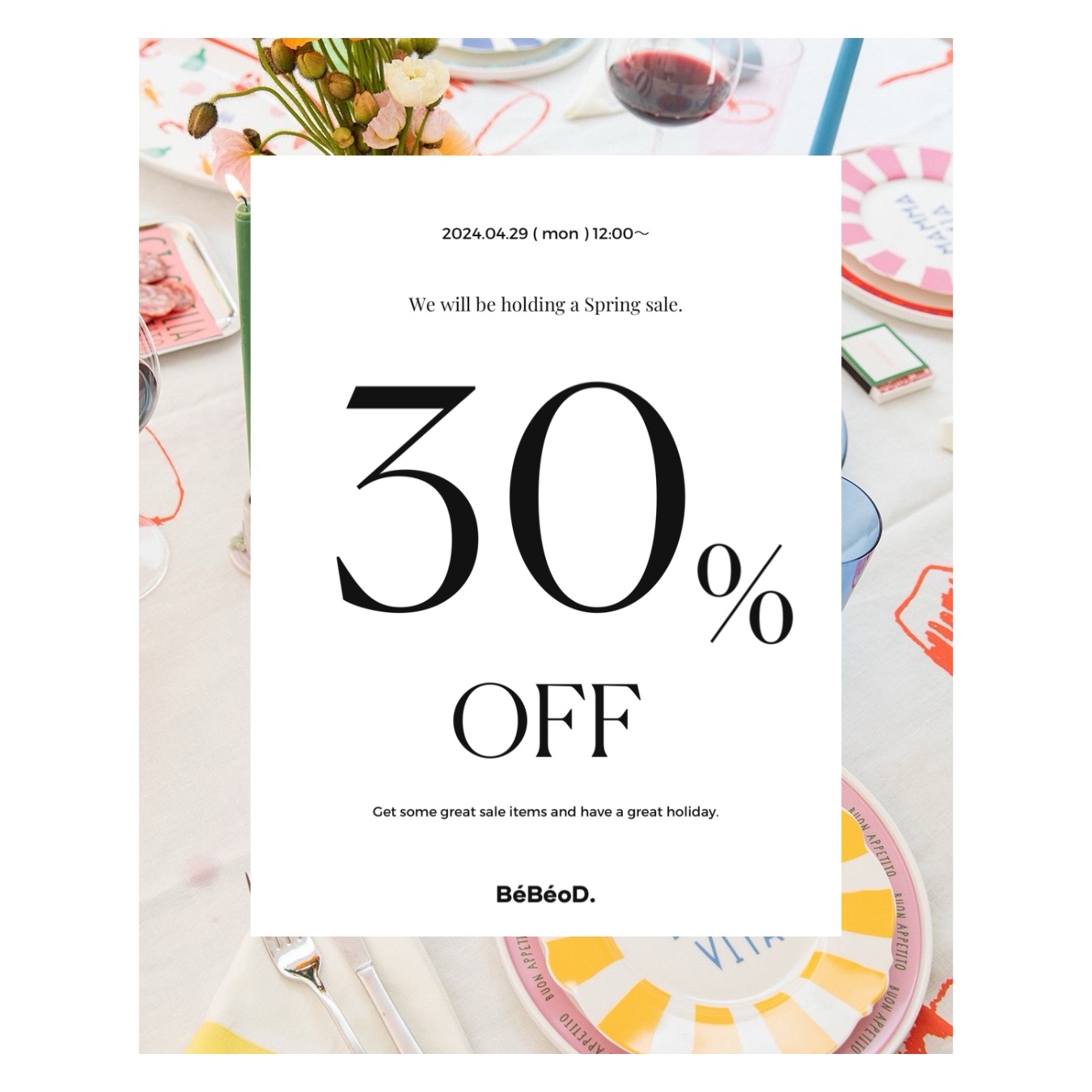 4/29 ( Mon ) 12:00〜 30%OFF SALE