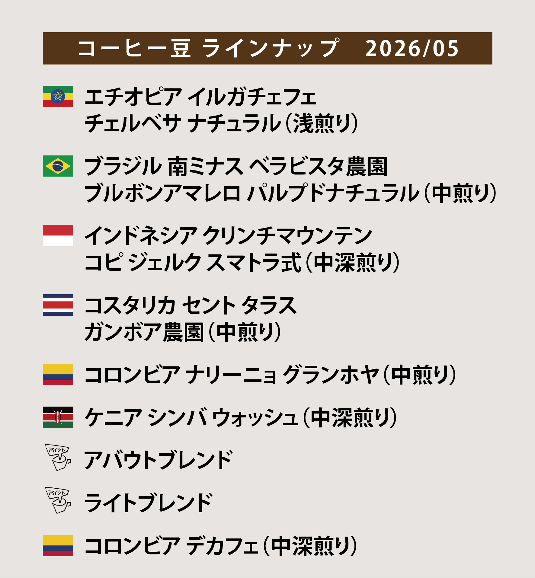 コーヒー豆ラインナップ＆分布図 2026/05