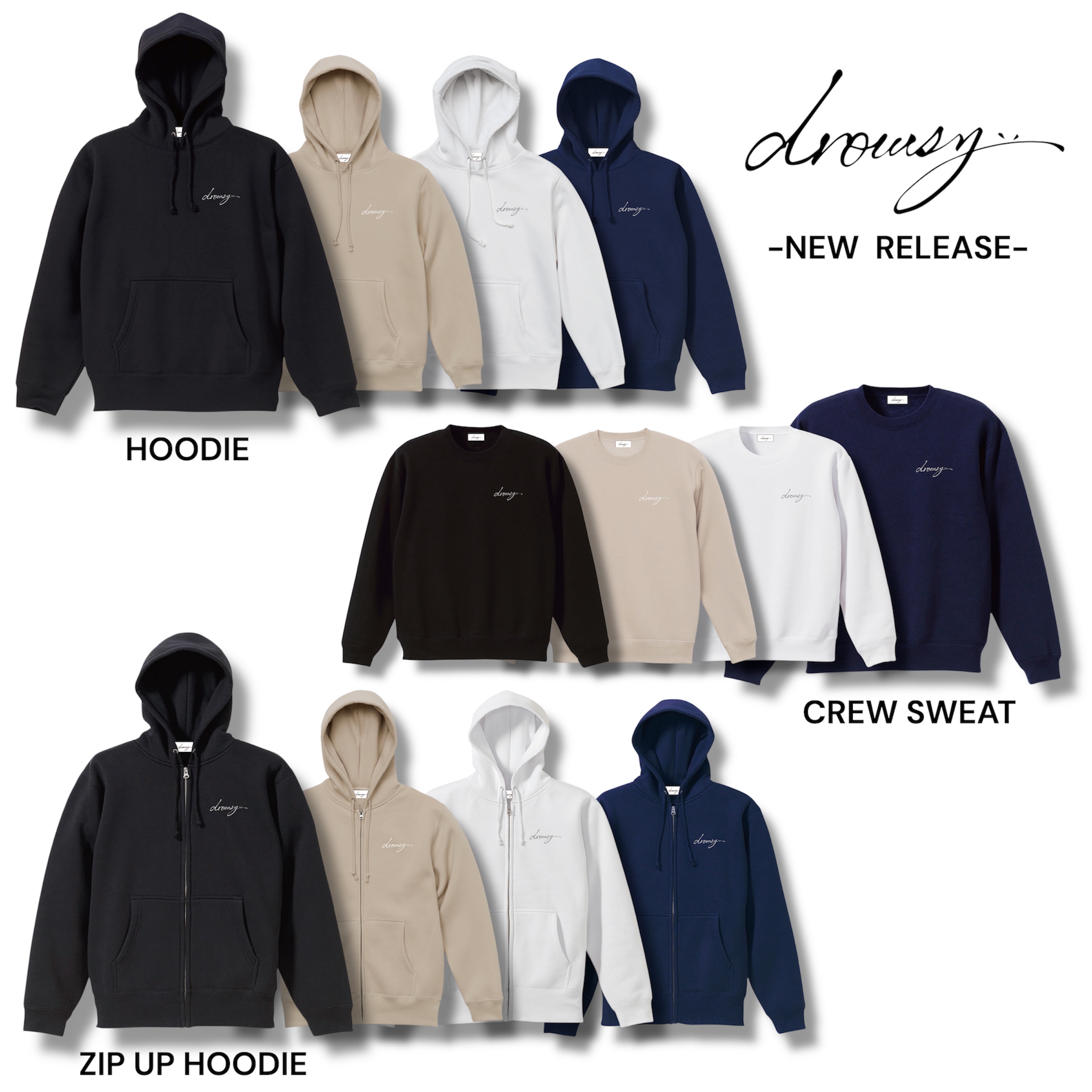 drowsy..25AW ZIPパーカー、プルオーバーパーカー、クルースウェットのサイズ表について