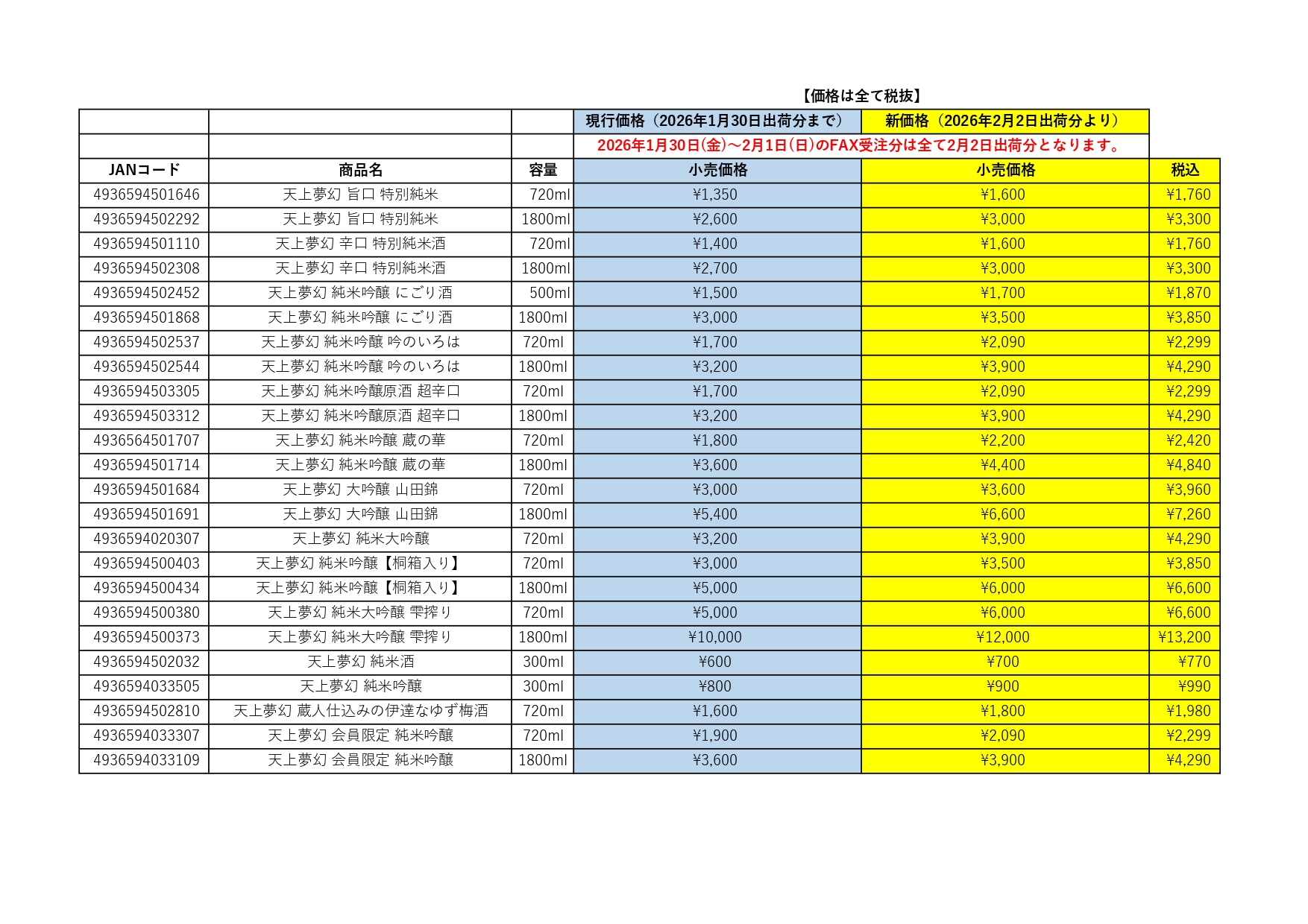 価格改定のお知らせ