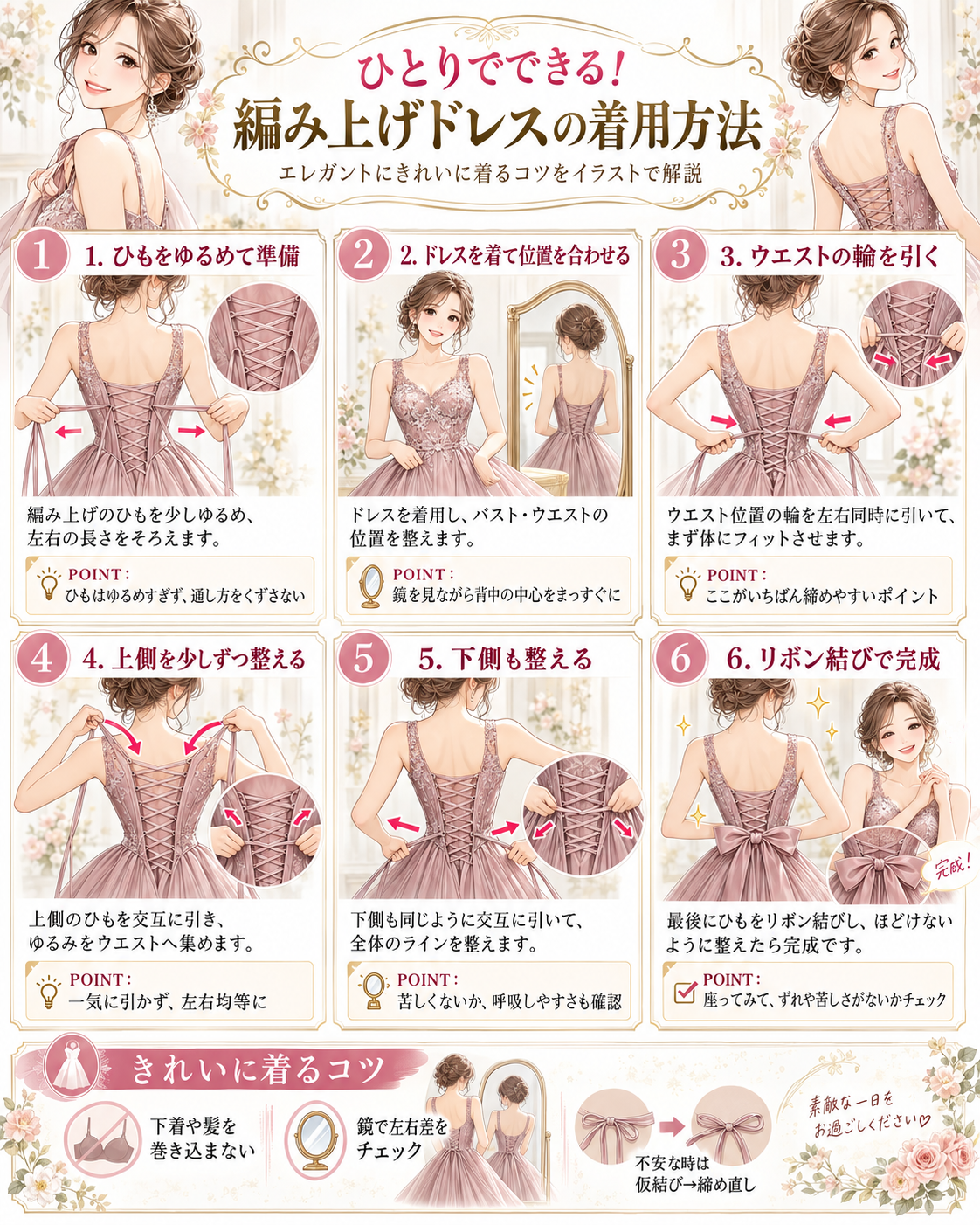 【 ひとりでできる編み上げドレス着用方法 】