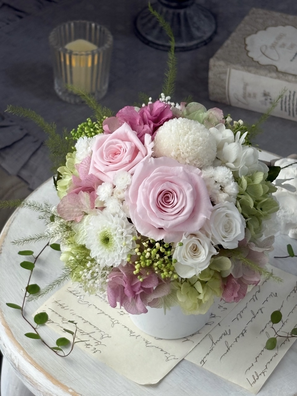 【新作】ホワイトピンクのお供え花をアップしました！