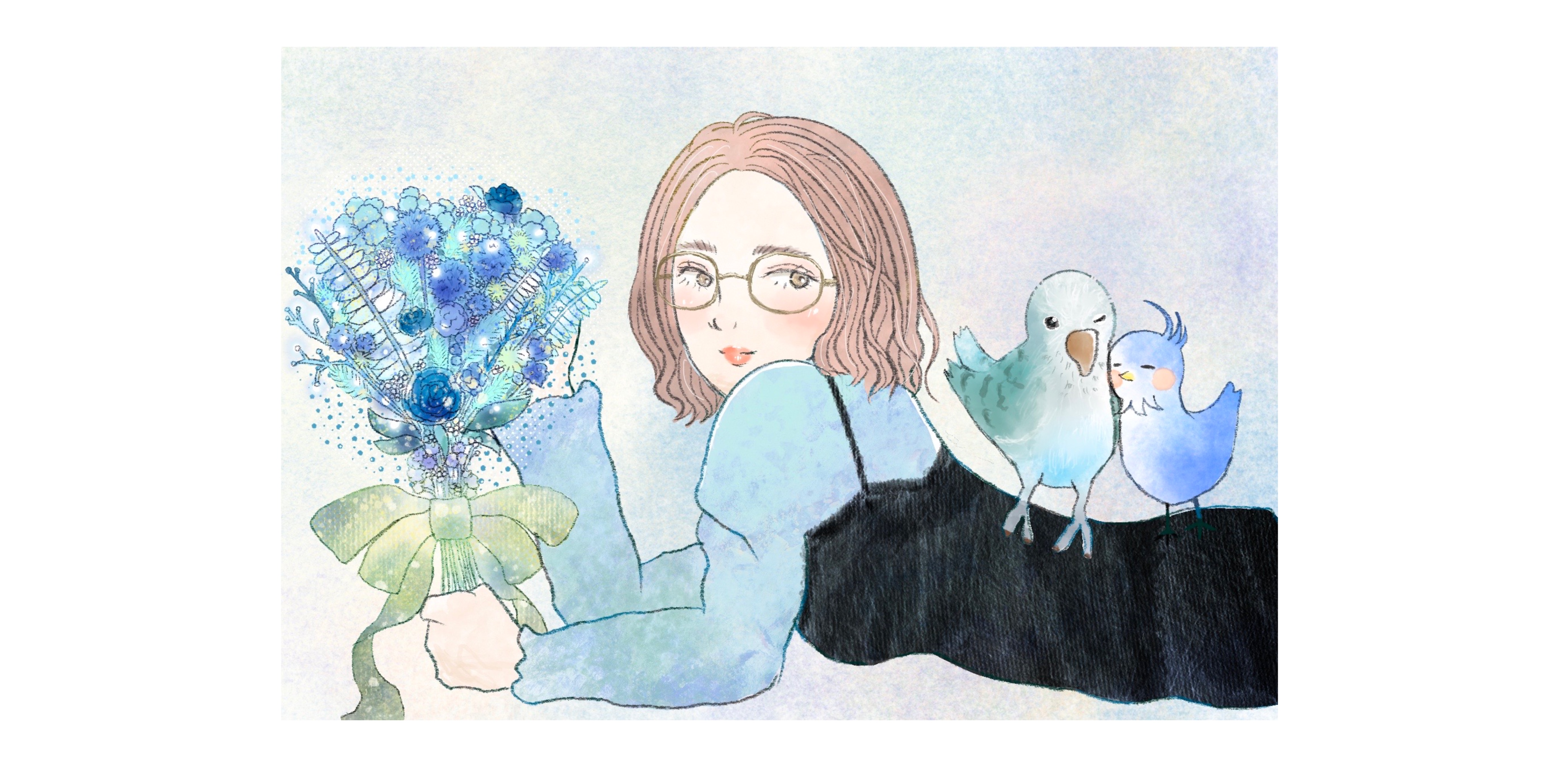 【イラストオーダー】あさぎ様と飼い主様と幸せの青い鳥と🤍