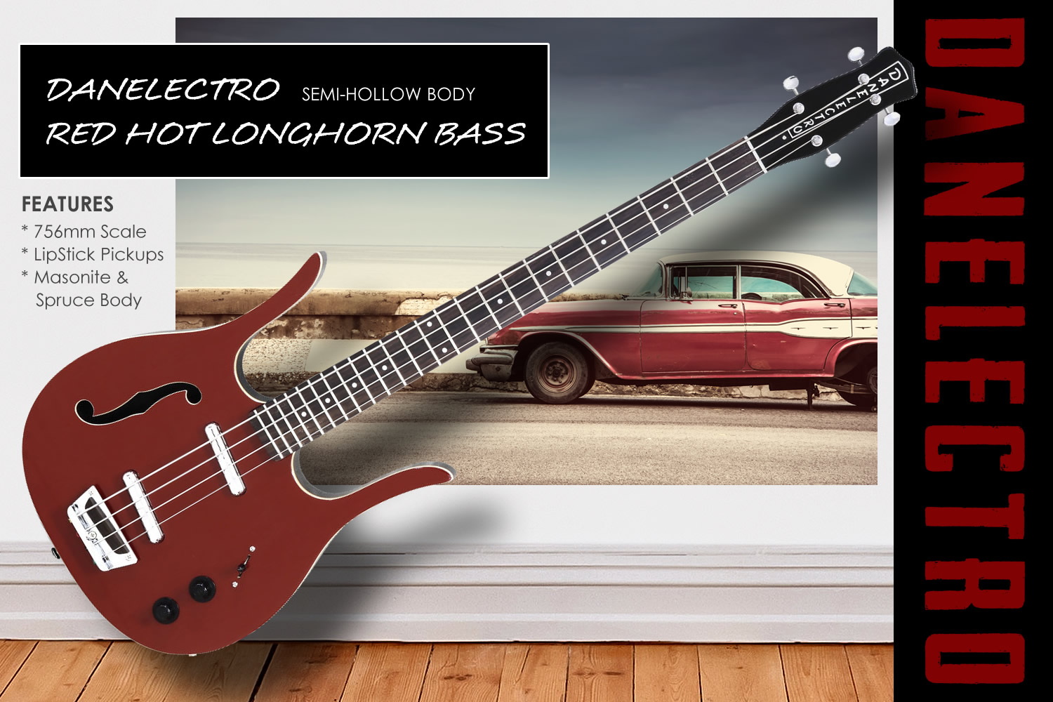 セミホロウ・ロングホーンベース「DANELECTRO RED HOT LONGHORN BASS」！