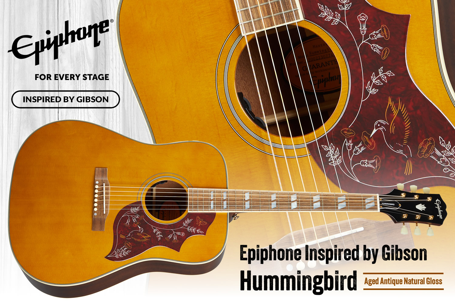 アンティーク・ナチュラル・カラーを纏った、ギブソン直系エピフォンによる「ハミングバード」!