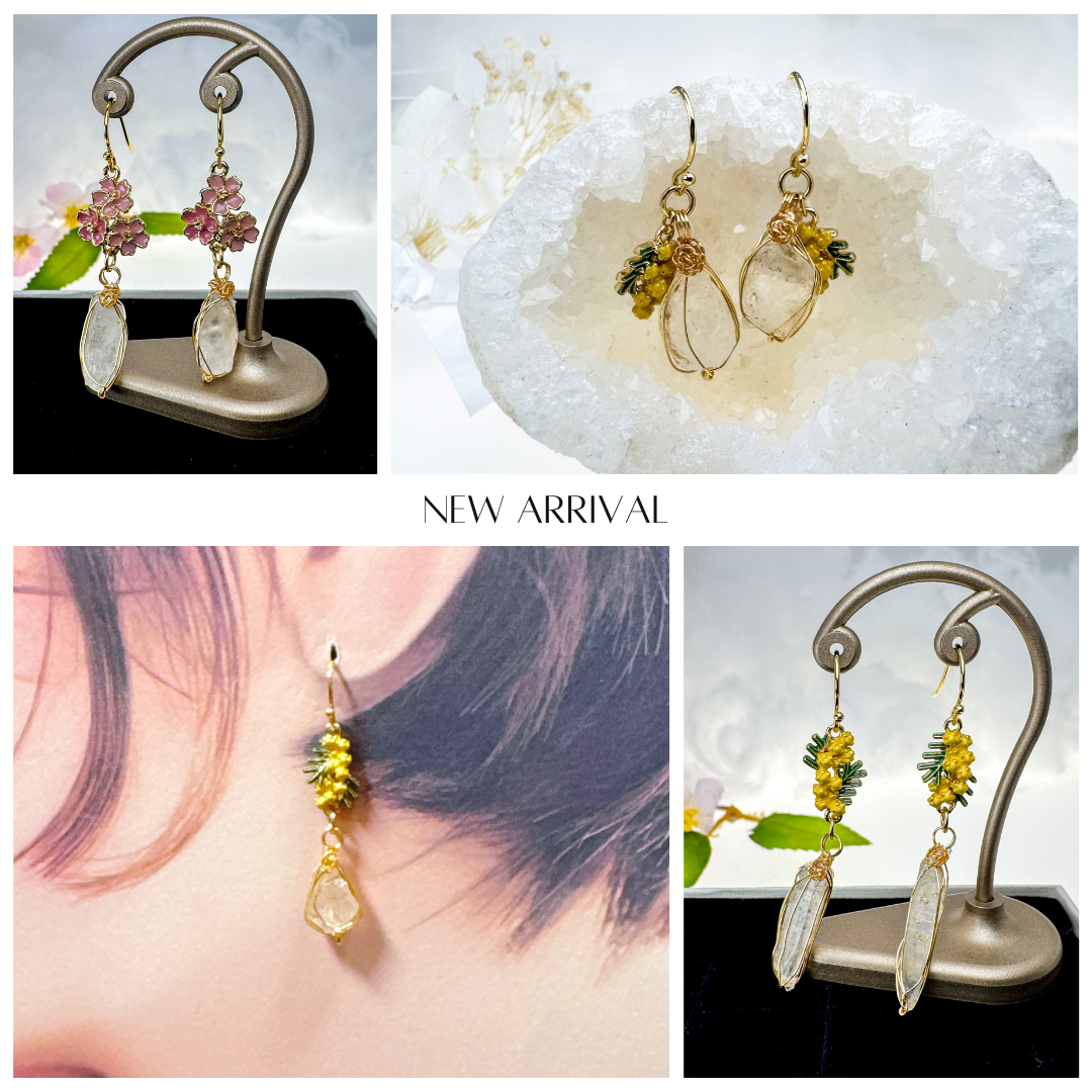 耳元に春をまとう ミモザ＆桜の高千穂水晶ピアス