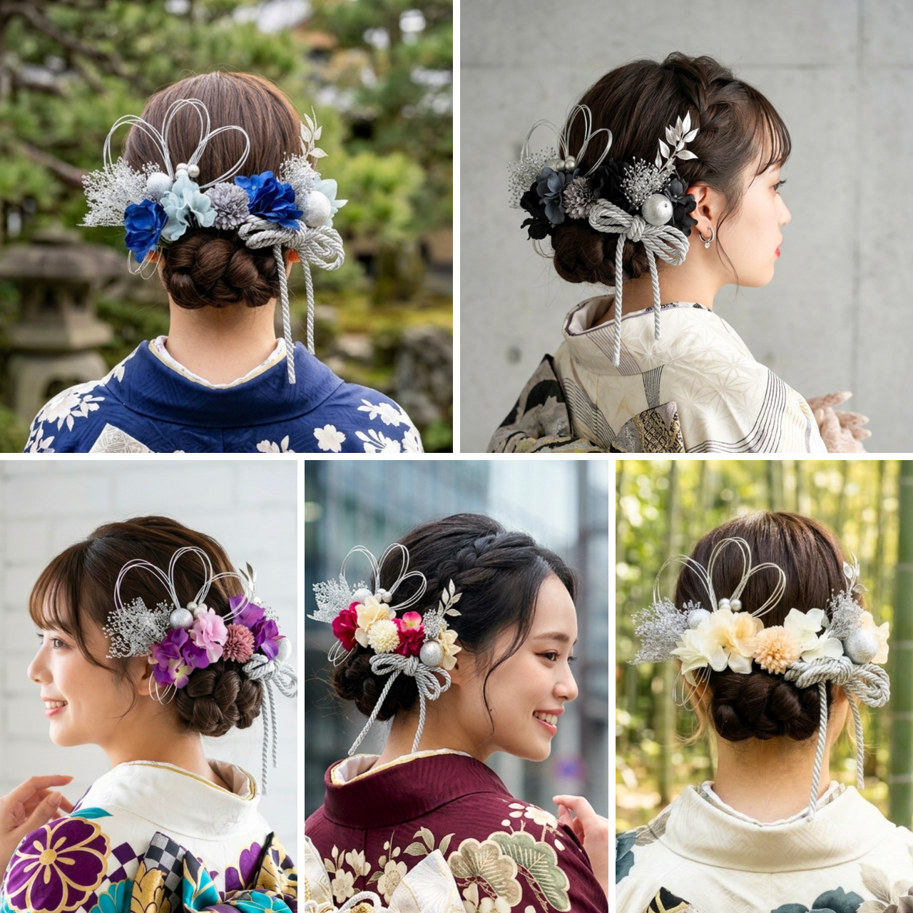 《新商品》２色のあじさいと和紐の髪飾り　シルバー　５色