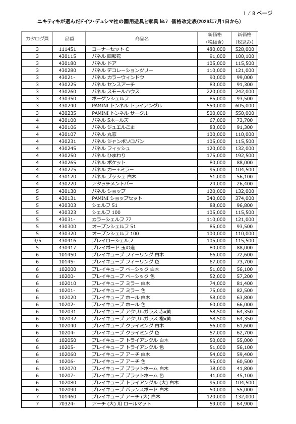 （株）アトリエニキティキ価格改定のお知らせ（2026年7月1日より）（デュシマ社）