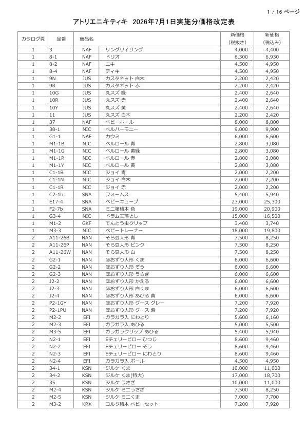 （株）アトリエニキティキ価格改定のお知らせ（2026年7月1日より）